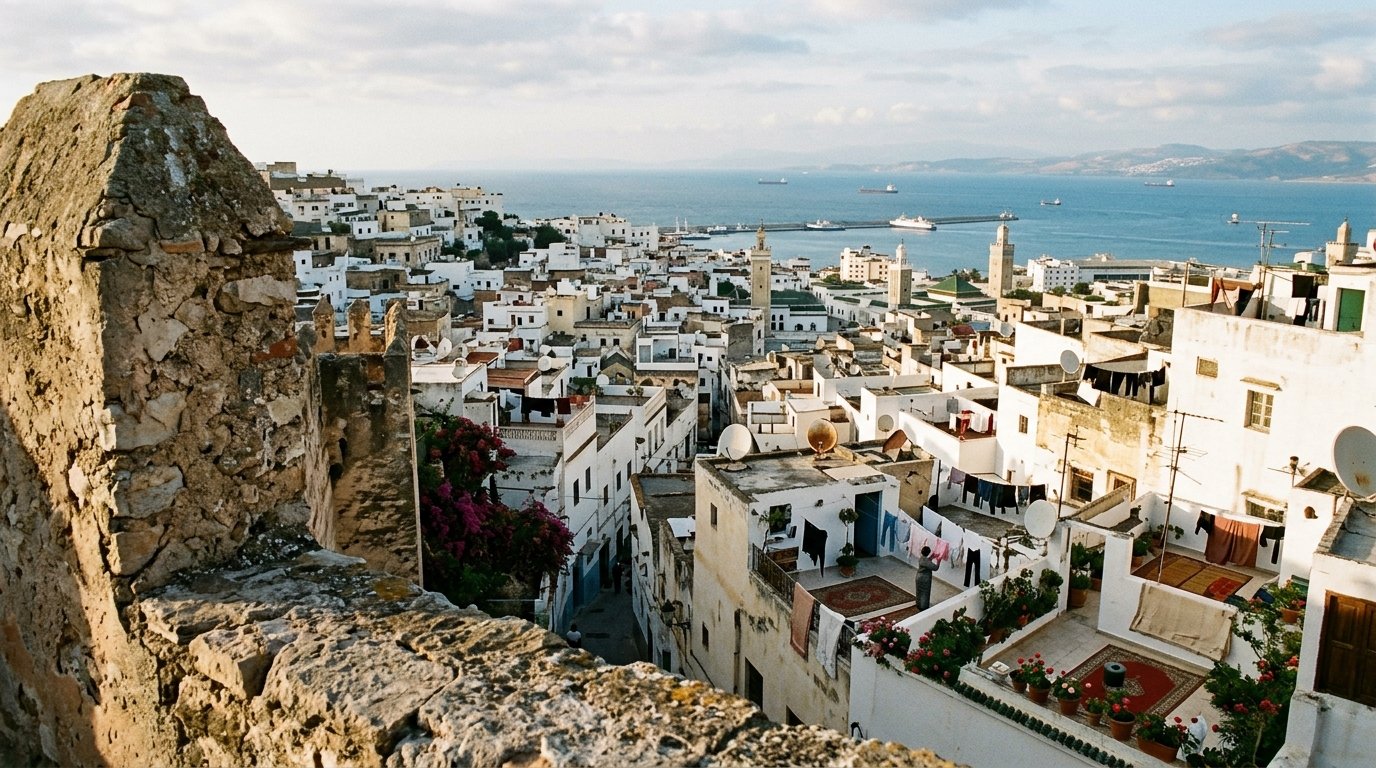 View from the Kasbah walls across the rooftops of Tangier's medina, with the Strait of Gibraltar visible in the distance