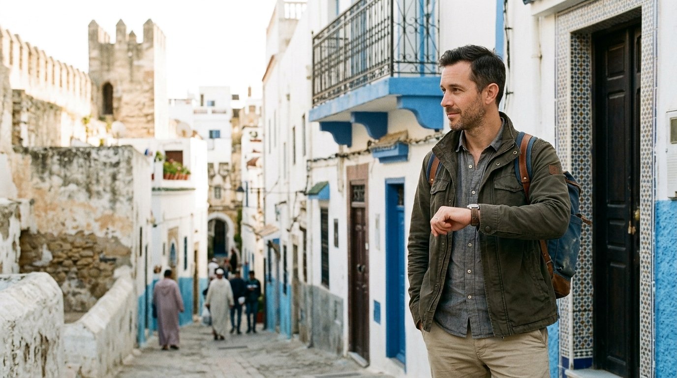 A traveler checking their watch while standing at a Tangier street corner with the historic city behind them