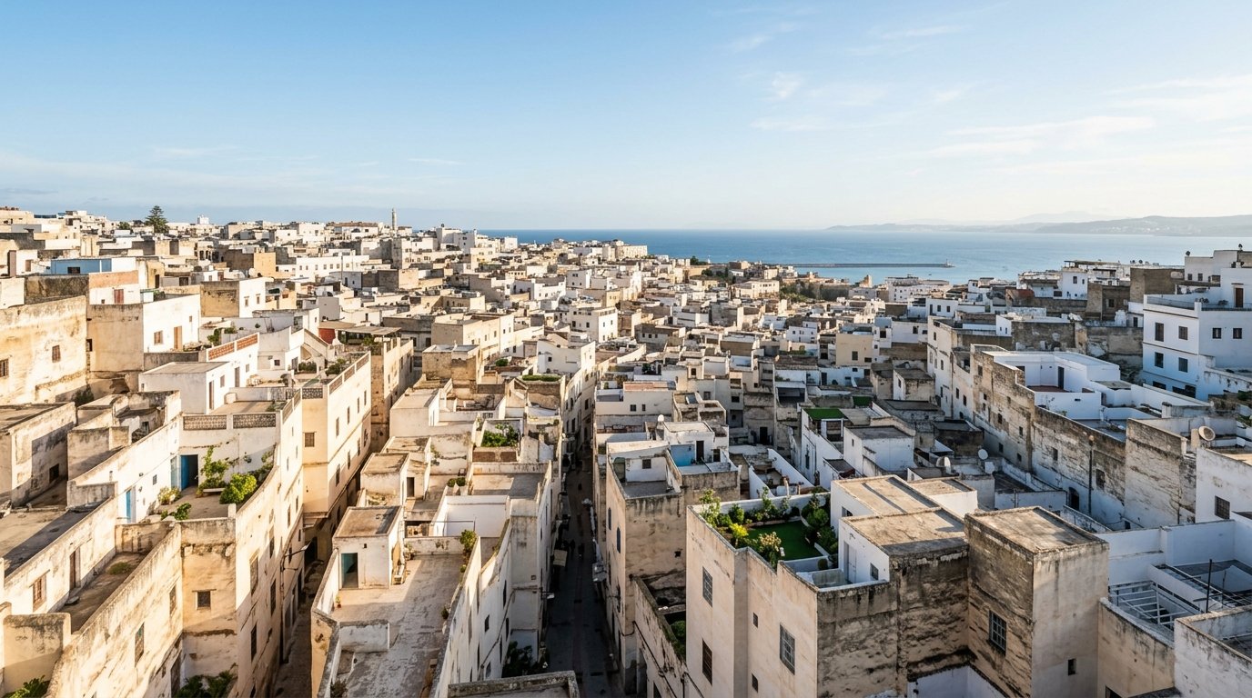 Wide panoramic view of Tangier's streets and rooftops from a high viewpoint, showing the layered historic city