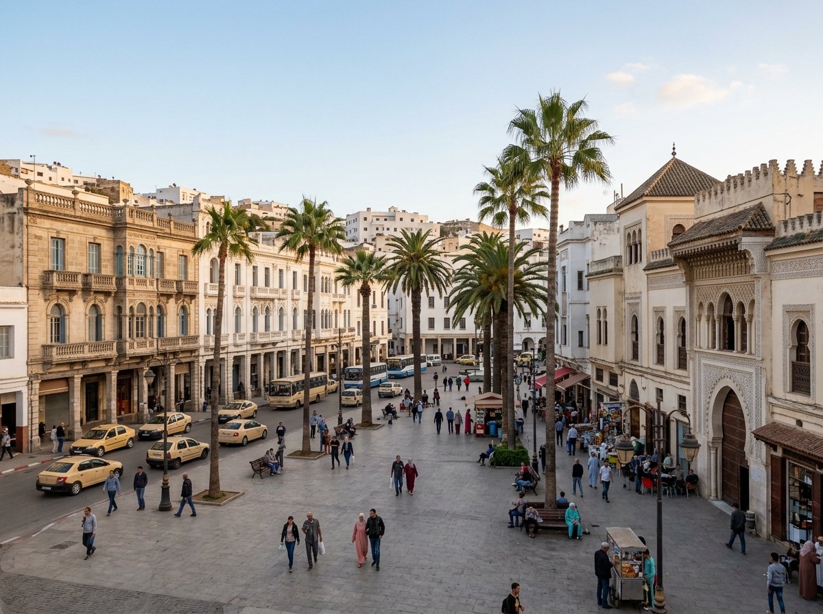 Grand Socco square in Tangier showing colonial and Moroccan architecture blending together