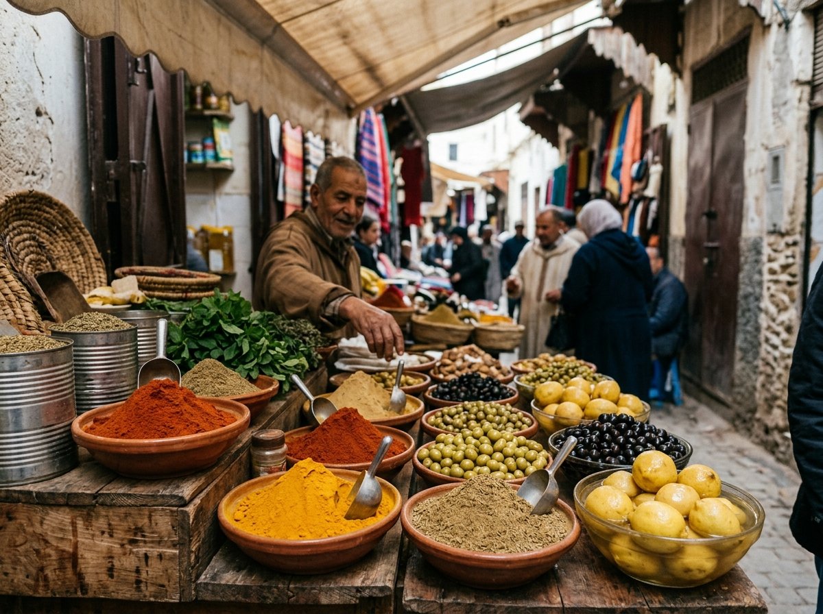 Colorful spice market in Tangier with piles of spices, olives and local produce at a street stall