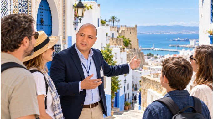 A guide and visitors walking through a quiet Tangier street discovering local life and architecture