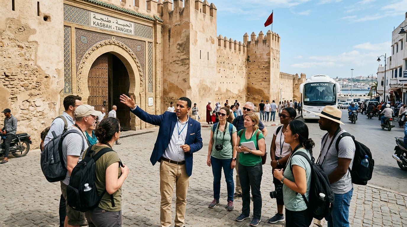 Group walking tour bus and guide at the Tangier Kasbah